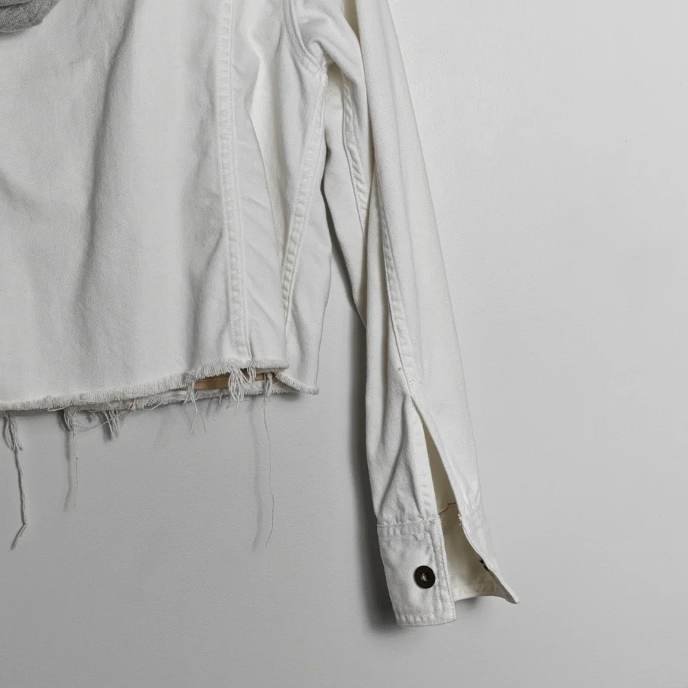 RAG & BONE / JEAN Button Up White Jean Jacket With Gray Hood Size Xsmall - Picture 12 of 16